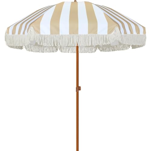 Image of AMMSUN 7ft Patio Umbrella with Fringe Outdoor Tassel Umbrella UPF50+ Premium Steel Pole and Ribs Push Button Tilt, Stripe Beige