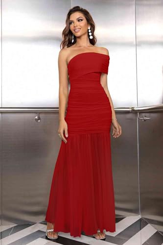 Image of LAGSHIAN Women's Elegant Formal Long Dress One Shoulder Sleeveless Ruched Bodycon Evening Dress