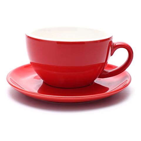 Coffeezone Ceramic Latte Art Cup and Saucer for Latte & Cappuccino & Double Espresso, Mate for Coffee Shop and Barista (Glossy Red, 10.5 oz) Cover
