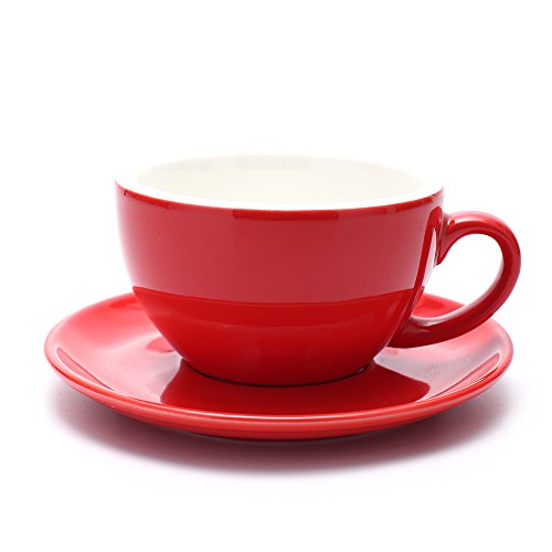 Coffeezone Cappuccino Barista Cup Latte Art Cup and Saucer, 3 Capacity to Choose, New Bone China for Coffee Shop (Glossy Red, 10.5 oz)