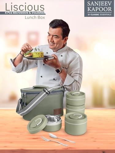 Image of Sanjeev Kapoor By Classic Essentials Luscious Microwave Friendly Leakproof Insulated Tiffin Set with Bag & Cutlery | 2x600ml + 2x400ml Containers (2000ml) | Thermoware Lunch Box | Green
