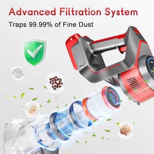 Image of BSNAW Cordless Stick Vacuum Cleaner - Rechargeable, 35Kpa Powerful Vacuums with Detachable Battery, LED Display, 45Mins Runtime, 8 in 1 Handheld Vacuum for Hardfloor & Carpets Pet Hair, Red