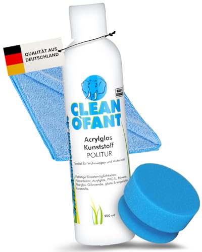 CLEANOFANT Acrylglas-Kunststoff-POLITUR Set - mit 200 ml Politur, 1 x Poliermaus BLAU-medium, 1 x...