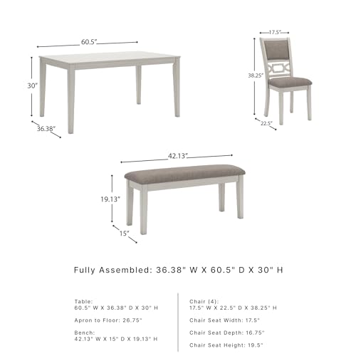 Image of Signature Design by Ashley 6-Piece Dining Set with Bench, Antique White | Space-saving table with tuck-under bench, Fretwork chairs with textured gray upholstery, Erinberg Series