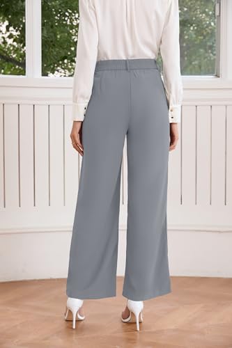 TASAMO Womens Half Elastic Waist Straight Leg Trousers Office Dress Pants Light Gray2
