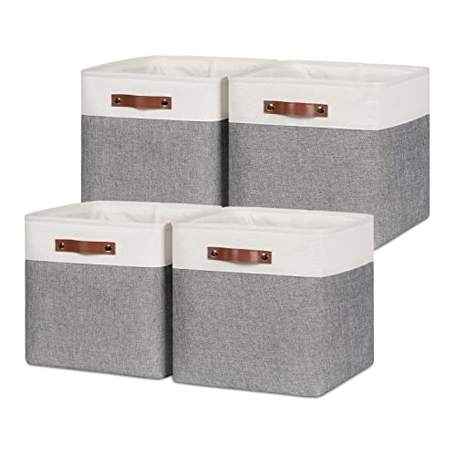 HNZIGE Foldable Storage Cubes Baskets Set(4 Pack) Fabric Bins for Shelves,13 Inch Storage Basket for Organizing with Leather Handles for Home, Toys, Clothes, Kids Room, Closet Storage(White&Gray)