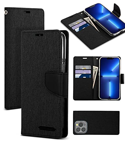 Goospery Canvas Designed For Apple Iphone 13 Pro Wallet Case, Premium Denim Fabric & Magnetic Closure [3 Card Slots & 1 Side Cash Pocket] [Standing Feature] Card Holder For Iphone Case, Black #TOP16