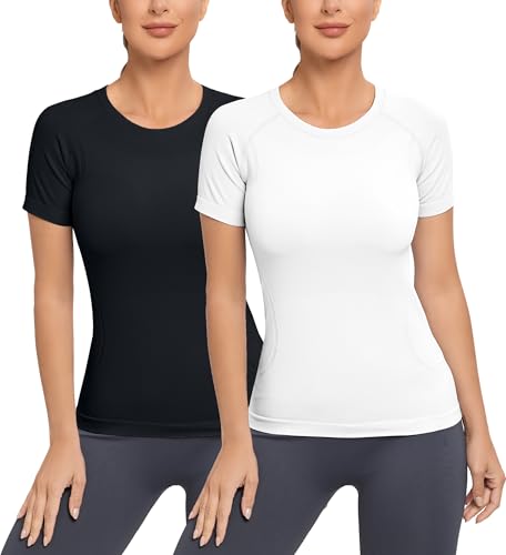 MathCat Workout Shirts for Women 2pack, Short Sleeve Workout Tops, Soft Seamless Gym Shirts Running Shirts