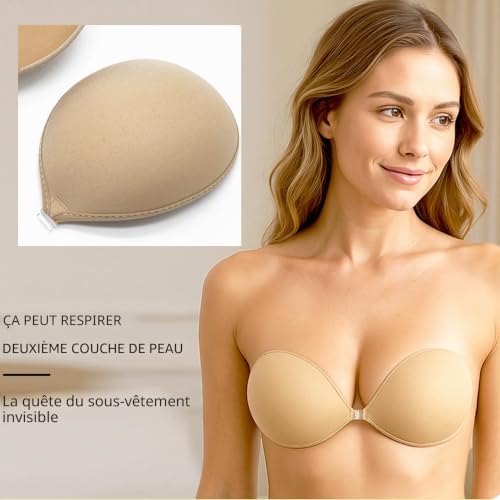 NXPUXP Lot de 2 Soutiens-Gorge Adhésifs sans Bretelles, Invisible,Dos Nu avec Cache-tétons Noir et Carné-C – vue 8