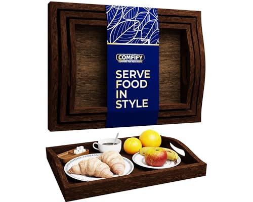 Comfify Serving Trays Set of 3 - Ottoman Wood Trays for Entertainment, Food and Decor - Rustic...