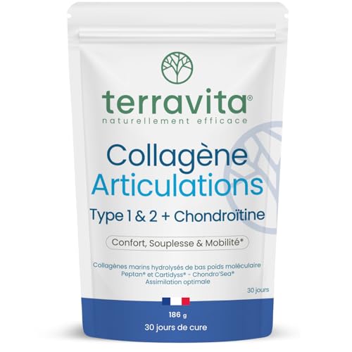 Collagène Articulations en Poudre | Peptides de Collagène Marin Peptan® & Cartidyss® Types 1 et 2 + Chondroïtine Chondro’Sea® + Vitamine C | 30 Jours de Cure | Made in France | Terravita