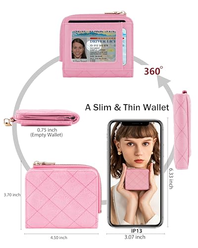 Small Wallets Woman RFID Bifold Wallet Women Slim Card Wallets for Women with Zipper Coin Pocket, 2 Id Windows (Pink)2