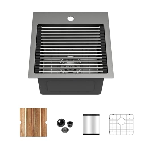 Image of Kichae Black Drop In Bar Sink- 15x15 Small Overmount Topmount Stainless Steel Single Bowl Ledge Workstation Bar Prep Handmade Basin