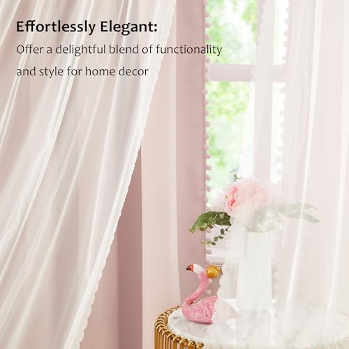 Image of Pink Blackout Curtains with Sheer Overlay for Bedroom, Mix & Match Double Layer Pom Pom Curtains for Girl Nursery, Living Room, Rod Pocket Thermal Insulated Window Panels with Tiebacks 52W X 84L, 2pcs