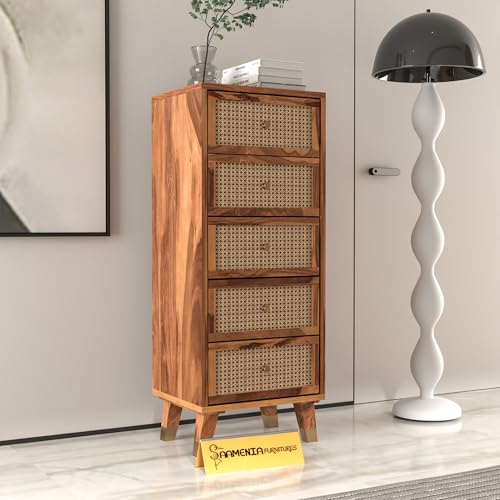 Image of Solid Sheesham Wood 5 Drawer Chest | Rosewood Chest of Drawers with Cane Front | Tall Storage Cabinet for Bedroom & Living Room (Natural Finish)