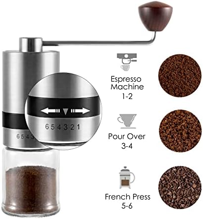 Vzaahu Manual Coffee Grinder, CNC Stainless Steel Coffee Bean Grinder Burr, 6 Coarseness Adjustable Settings, Portable Hand Coffee Grinder, Espresso Grinder ,Conical Burr Coffee Grinder Coffee Mill