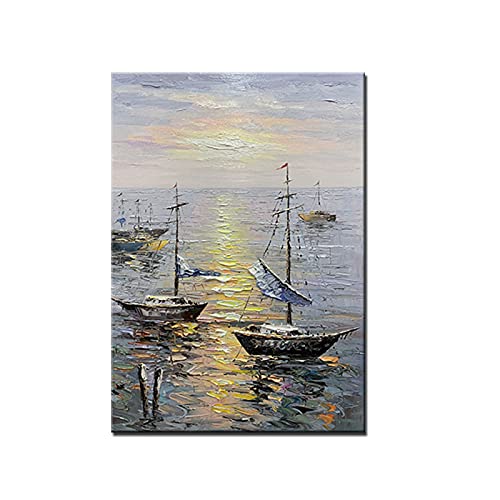 Hand-Painted Seascenery Oil Painting - Boat Abstract Wall Art Sailboat Picture Hand Painted Poster Mural,For Living Room Bedroom Office Hallway Hotel And Dining Room,24X32Inch No Frame #TOP1