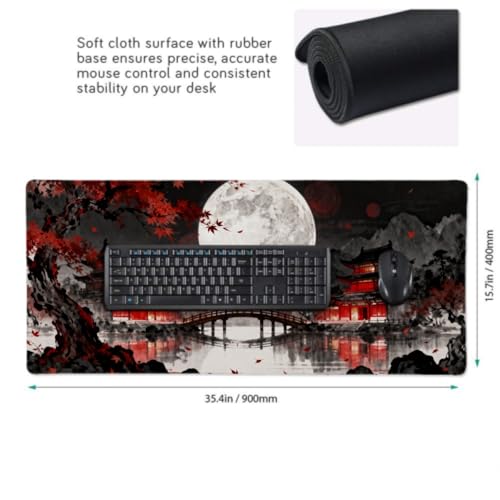 Image of Watercolor Japanese Mouse Pad 35.4x15.7 XXL Black Red Lake Pavilion Tree Anime Design Extended Large Mousepad Keyboard Mouse Mat Desk Pad with Non-Slip Rubber Base Stitched Edges for Home Office Game