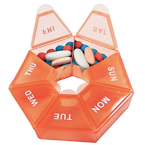 Weekly Pill Box, Portable Pill Organiser 7 Day Tablet Organiser Travel Tablet Box Pill Box Organiser with 7 Compartments for Medication, Supplements, Vitamins, and Cod Liver Oil (Orange)