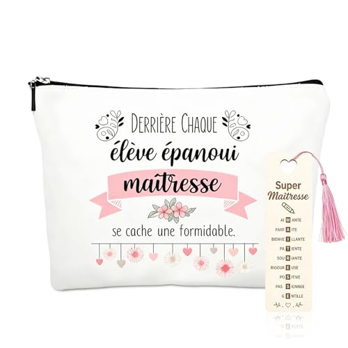 Cadeau Maitresse d'École, Trousse de Maquillage et Marque-Page en Bois, Cadeau ATSEM Maternelle, le Cadeaux Parfait pour Femme, Idéal pour Utilisé Pour...