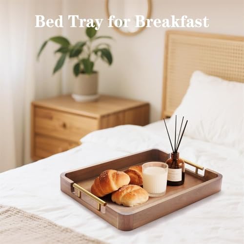 Image of Wooden Serving Tray for Home and Kitchen | Acacia Wood Large Rectangular Tray with Handles for Resturant, Cafe, Breakfast, Multipurpose Organzier | (Food Safe Oil Finish) (Florence)