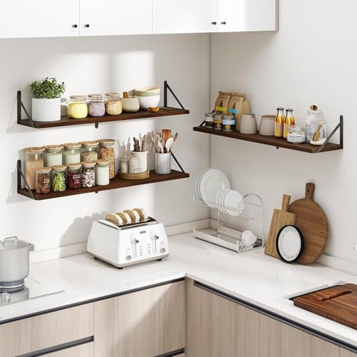 Image of Shoper cart Floating Shelves for Wall Set of 3, Rustic Wood Floating Bookshelf for Bedroom, Large Wall Mounted Storage Shelves for Kitchen Bathroom Laundry Living Room TV Books (Brown, 32.1 INCH)