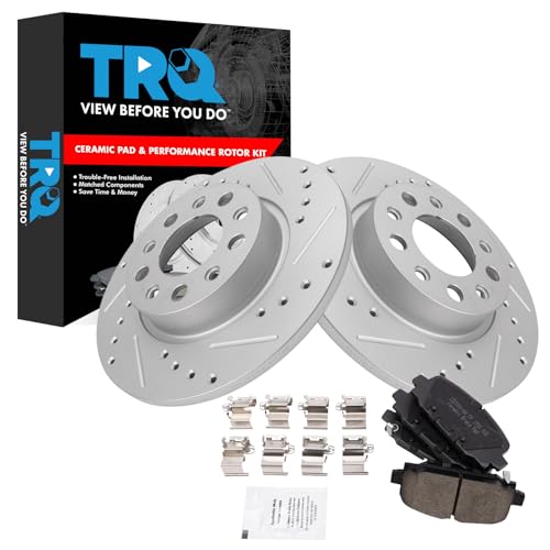 Image of TRQ Performance Rear Brake Pad and Rotor Set Ceramic Drilled Slotted Coated Compatible with 2018-2022 Jeep Compass