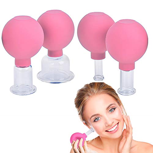 4 Pieces Facial Glass Cupping Therapy Set-Silicone Vacuum Suction Massage Cups for Eyes, Face, Neck and Body (Pink)