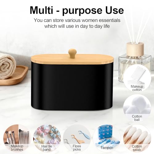 Image of Cotton Swab Holder,Round Cotton Pads Balls Qtip Holder Dispenser with Lid, 2 Compartments Qtips Holder, Tampoms Period Box Bathroom Organizers Storage Bin Floss Dispenser Vanity Cosmetics, Black