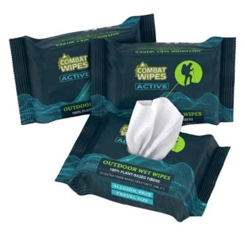 Combat Wipes ACTIVE Outdoor Wet Wipes - 3-Pack Extra Thick Camping Gear Biodegradable Body & Hand Cleansing/Refreshing Cloths for Backpacking & Gym w/Natural Aloe & Vitamin E (3 Pack 75 Wipes)