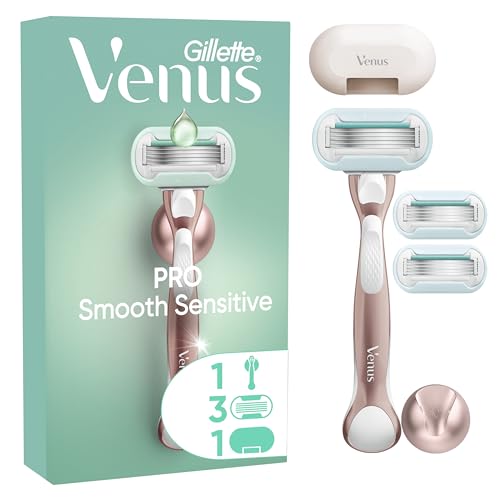 Gillette Venus Pro Smooth Sensitive Damenrasierer für empfindliche Haut, 1 Ersatzklingen, langlebiges Metallhandstück und Duschhalterung