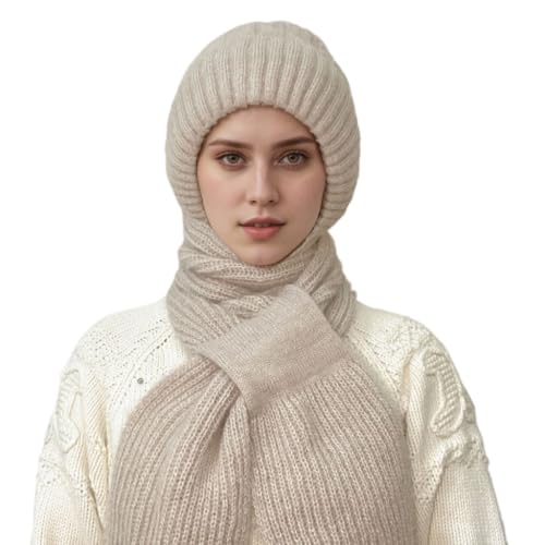 Women Winter Beanie Hats Scarf One-Piece Fleece Lined Warm Knit Ear Protection Integrated Hooded Scarf Cap3