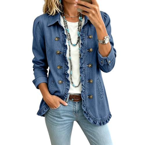 Coal2ToalPW Denim Blazer For Women Womens Chic Business Casual Ruffle Denim Blazer Jackets 2026 Y2k Dark Blue Medium