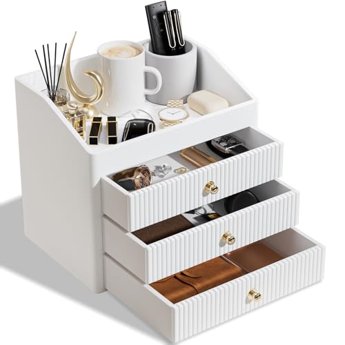 LADSTAG Office Accessories,Begie White Vegan Leather Office Supplies with 3 Drawers & Tray for Desk,Perfume Organizer with Gold-Tone Metal Accents Knob for End Tables,Bedside Table,Bedroom