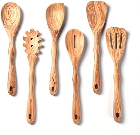 Gudamaye 12 inch Olive Wooden Utensils for Cooking, Long Handle Wooden Spoons for Cooking, 6 PCES Crafting Wooden Spoon Set, Wooden Kitchen Utensil set, Natural Olive Wooden utensil Set