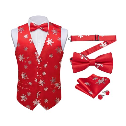 DiBanGu Mens Christmas Suit Vest Festive Xmas Dress Waistcoat and Bowtie  Set Vacation Holiday Dress Vest for Tuxedo Party, Red and Silver Snowflake,  Small at Amazon Men's Clothing store