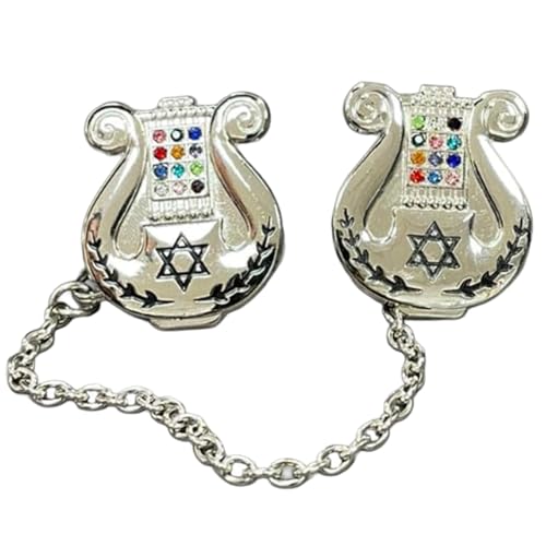 Clips for Tallit Prayer Shawl, Made in Israel, Silver Color, David's Harp Shape with Stones of The Hoshen and Star of David