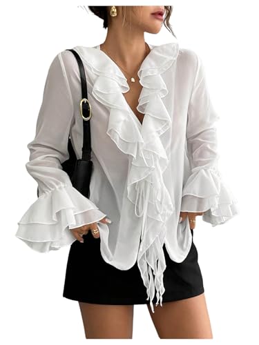 SOLY HUX Women's Ruffle Tops Sheer Chiffon Blouse Shirts Pure