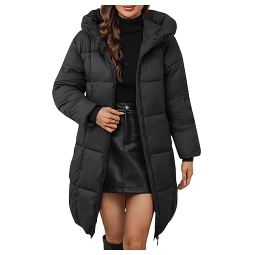 Doudoune Femme Ample Veste Matelassée Femme Mi-Longue Manteau Femme Hiver Capuche Cadeau Noel Doudoune Femme avec Fourrure Sport Blouson Femme Vetement Femme Chic Couleur Unie Pas Cher Noir L