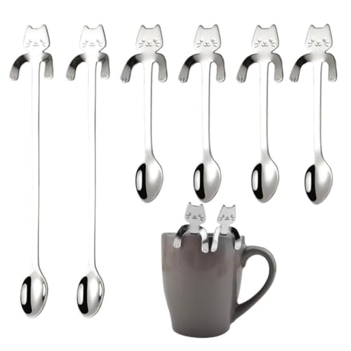 HawZeerLy 6 Pcs Cat Spoon Coffee Tea Spoon Cat Dessert Spoons Mini Cat Coffee Spoon for Tea Soup Sugar Dessert Appetizer Seasoning Bistro Spoon Hanging Cup Spoon Kitchen Gadget, GF451