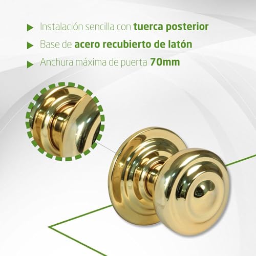 Miniatura 4 de Amig - Pomo De Latón Para Puertas - 70 Mm De Diámetro - Latón Y Base De Acero - Dorado - Tirador Con Tornillo Y Tuerca De Fijación - Ideal Para Puertas De Entrada