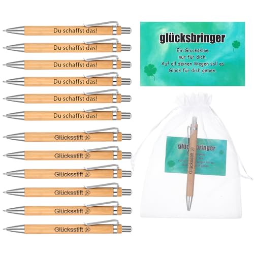 Mutmacher Geschenk Gl&uuml;cksstift Set, 12 Bambus Kugelschreiber mit Gravur, Kugelschreiber Personalisiert mit Gl&uuml;cksbringer Pr&uuml;fung, Schult&uuml;te Erwachsene, Ausbildungsbeginn Geschenk, Studium Geschenk