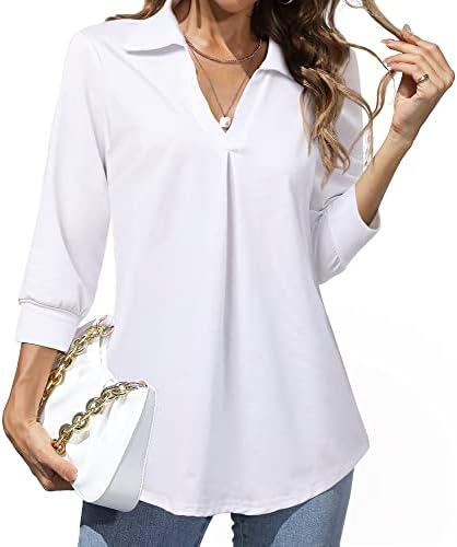 Heat Move Women's Work Blouses Collared V Neck 3/4 Sleeve Shirts Dressy Casual Tunic Loose Tops (White, L)