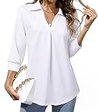 Heat Move Women's 3/4 Sleeve Length Tops Collared V Neck Shirt Dressy Casual Business Blouses for Work Professional (White, L)
