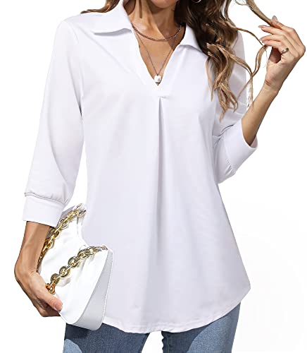Heat Move Women's Work Blouses Collared V Neck 3/4 Sleeve Shirts Dressy Casual Tunic Loose Tops (White, L) #TOP17