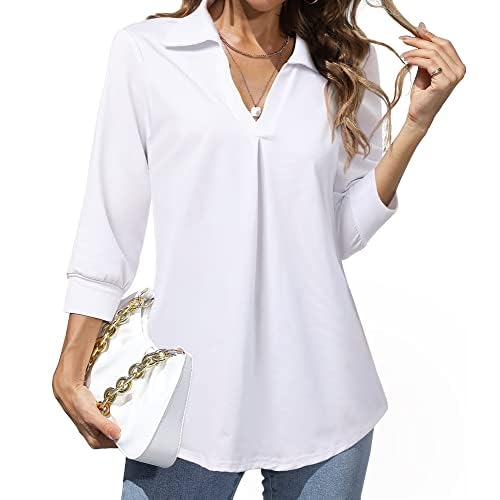 Heat Move Women's 3/4 Sleeve Length Tops Collared V Neck Shirt Dressy Casual Business Blouses for Work Professional
