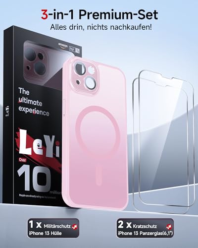 Coque iPhone 13 compatible MagSafe rose avec protège-écran mat LeYi x2