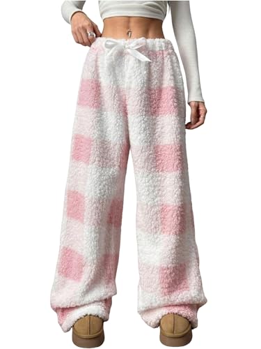 Image of ZAFUL Women's Fuzzy Plush Pajama Pants Wide Leg Pj Bottoms Lounge Pants | Soft Fluffy Sleep Pants Drawstring Elastic Waist Teddy Pjs for Women No Pockets