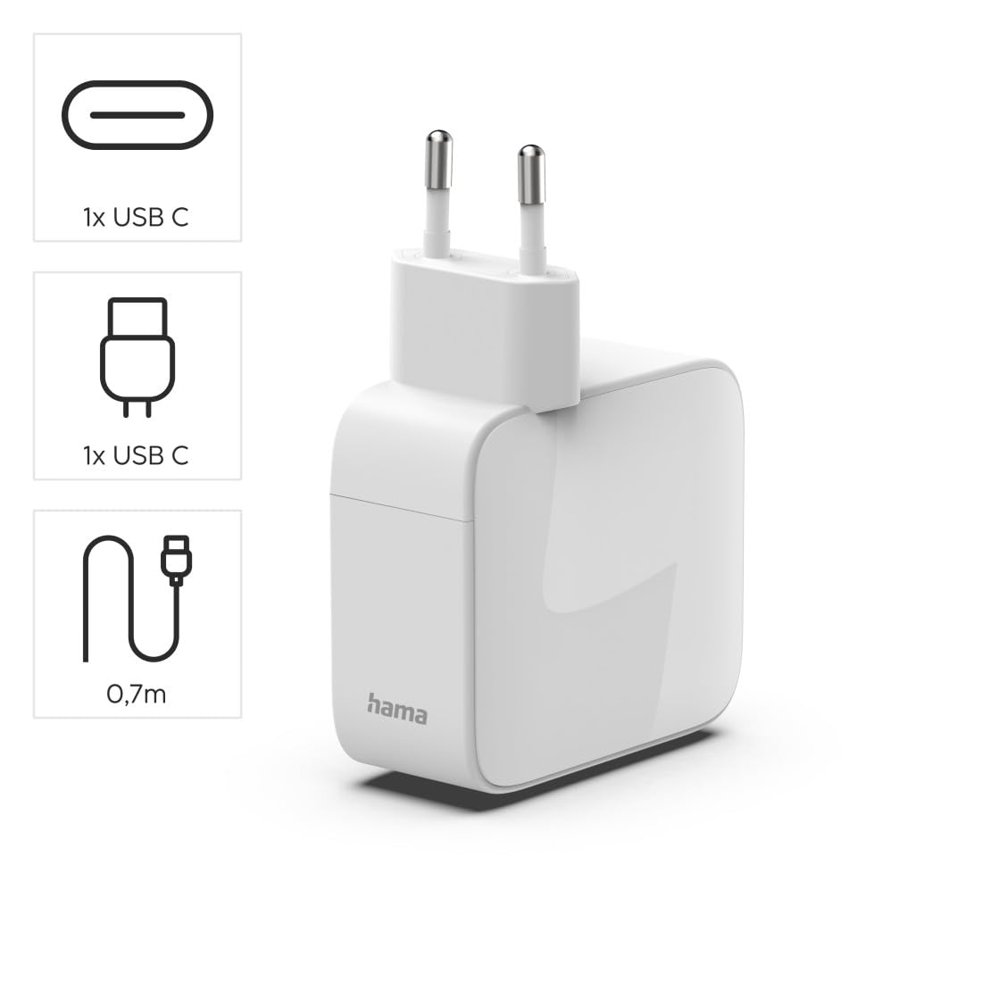 Hama | Caricatore 2 USB C 65 W GAN (230 V, Power Delivery, cavo estensibile, Qualcomm Quick Charge, Dual, Compatto, retrattile) Colore Bianco