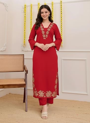 Image of ANNI Designer Pure Cotton Embroidered Kurta Set for Women | Rust Orange Kurta with Pants & Dupatta | Floral Neck & Hem Embroidery | Cotton Kurta Set for Women | 10 Colour Options Available